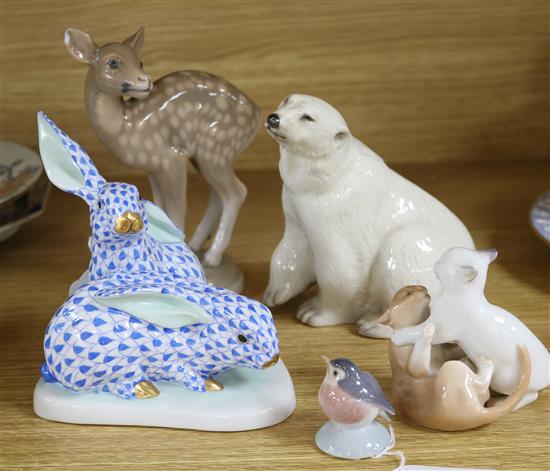 A Herend group of two rabbits and four other animal figures,